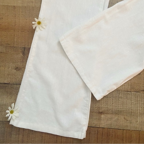 White Linen Blend Drawstring Pants Smocked Waist Flared by Lovetree - Picture 7 of 13